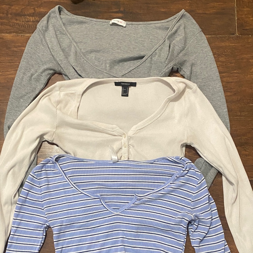 Gray, Cream, and Blue Striped Tops